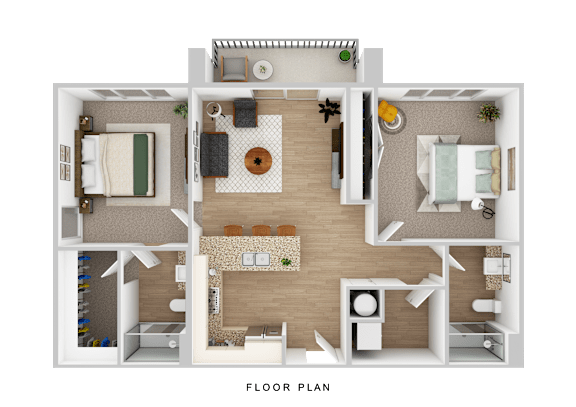 A floor plan of a house with a living room, dining room, kitchen, and two bedrooms.