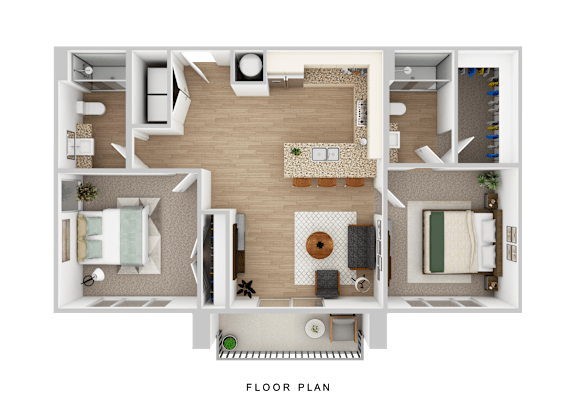 A floor plan of a house with a living room, dining room, kitchen, and two bedrooms.