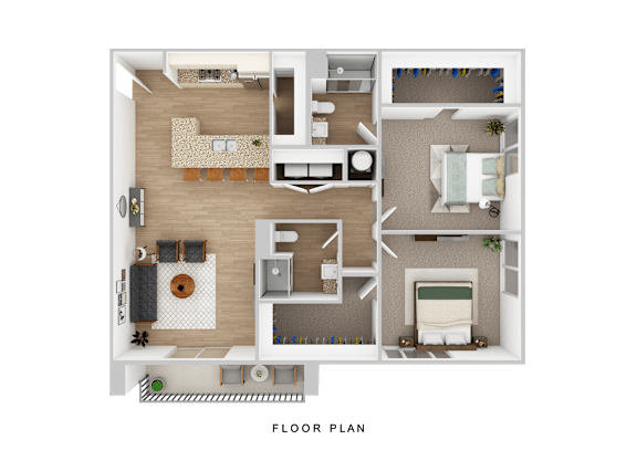 A floor plan of a house with a living room, kitchen, dining area, and two bedrooms.