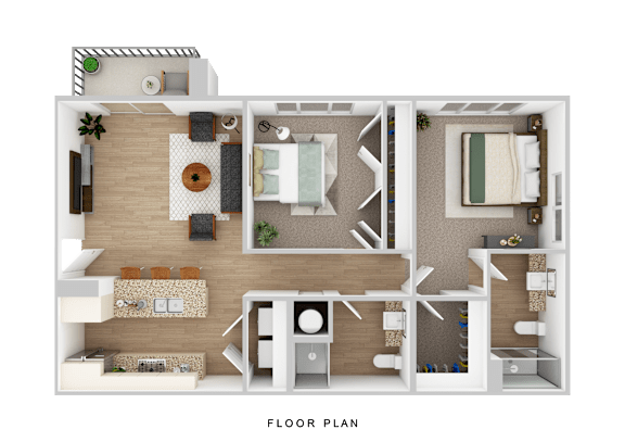 A floor plan of a house with a living room, dining room, kitchen, and two bedrooms.