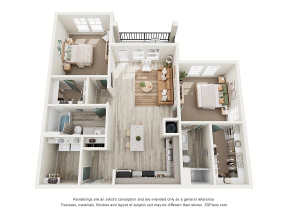 Two Bedroom Floor Plan at The Parker Leland, Leland, NC.