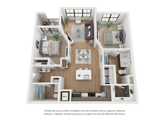 2 bed 2 bath floor plan at The Parker Austin, Pflugerville, TX