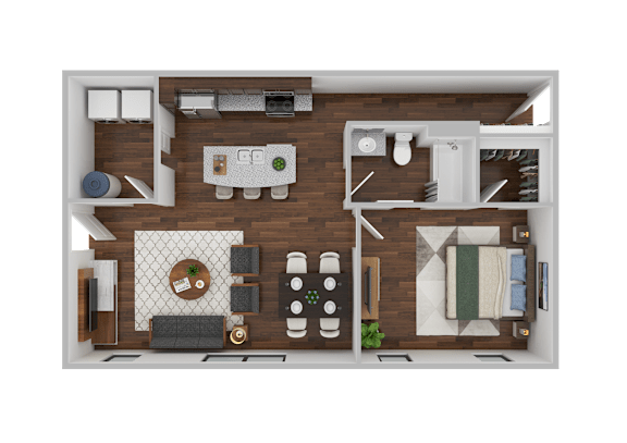 A top-down view of a small apartment layout with a kitchen, living room, and bathroom.