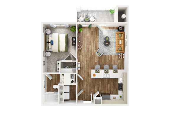 Onyx 3D One Bedroom One Bathroom Floorplan at The SoHo Luxury Apartments, Raleigh, NC 27603