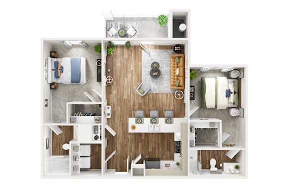 Sapphire 3D Two Bedroom Two Bathroom Floorplan at The SoHo Luxury Apartments, Raleigh, 27603