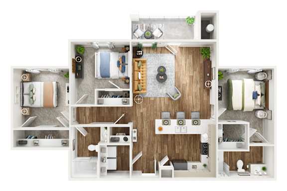 Emerald 3D Three Bedroom Two Bathroom Floorplan at The SoHo Luxury Apartments, Raleigh, North Carolina
