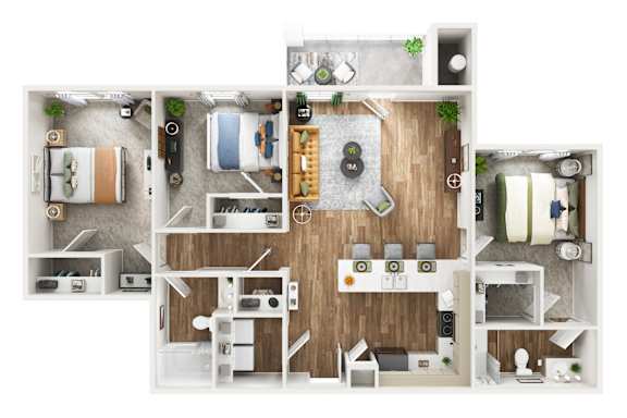Topaz 3D Three Bedroom Two Bathroom Floorplan at The SoHo Luxury Apartments, Raleigh