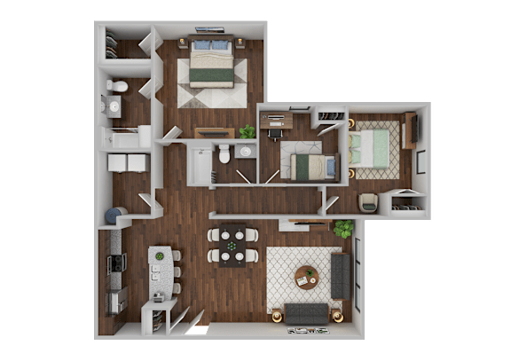 A detailed 3D floor plan of a small apartment layout.