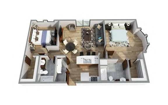 A 3D floor plan of a house with a kitchen, living room, and bedrooms.
