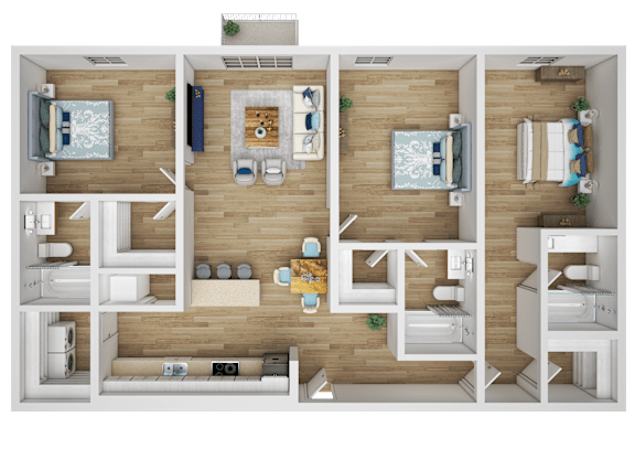 Floor Plan  A top-down view of a house layout with a kitchen, living room, and bedrooms.
