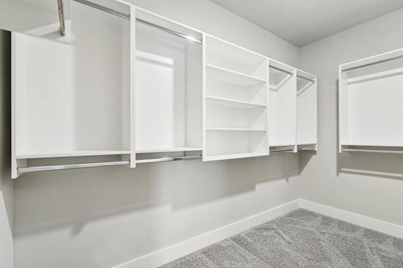 A room with white shelves and a grey carpet.