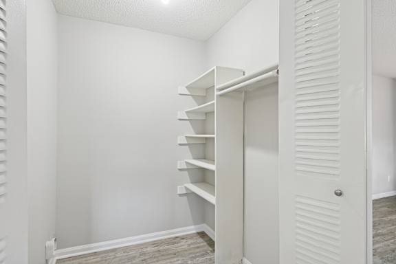 A white closet with shelves and a door.