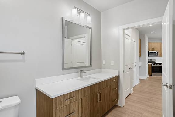 A bathroom with a white countertop and a large mirror.