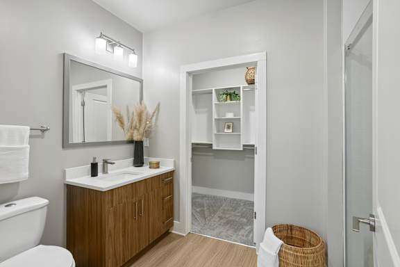 A bathroom with a white sink and a wooden cabinet.