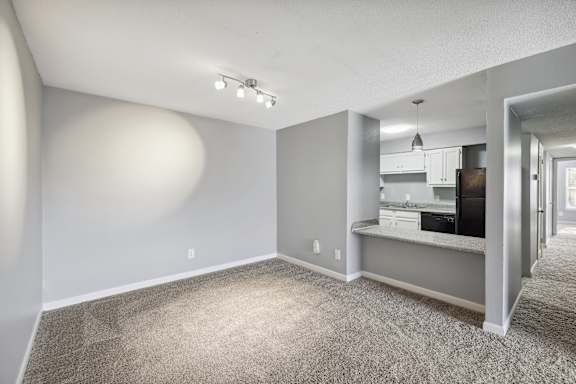 A spacious living room with a kitchen in the background.