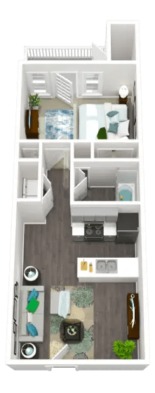 A floor plan of a two-bedroom apartment with a kitchen and living room.