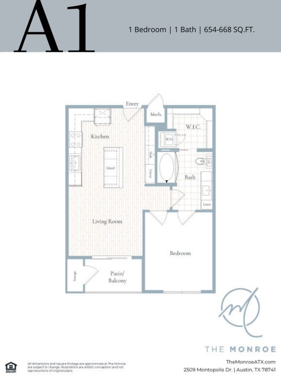 Floor Plan  1 bed, 1 bath at The Monroe Apartments, Texas, 78741