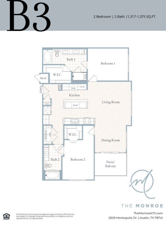 Floor Plan  2 bed, 2 bath B at The Monroe Apartments, Texas, 78741