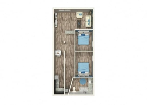 2 bed 1 bath floor plan A at 500 Fifth Apartments, Nashville, Tennessee