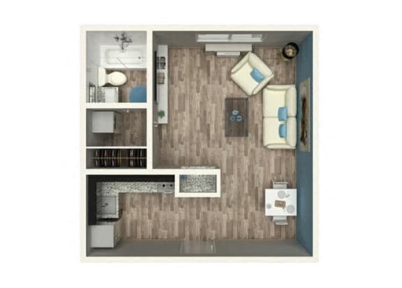 Studio 1 bath floor plan at 500 Fifth Apartments, Nashville