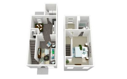 A 3D floor plan of a two-bedroom apartment.