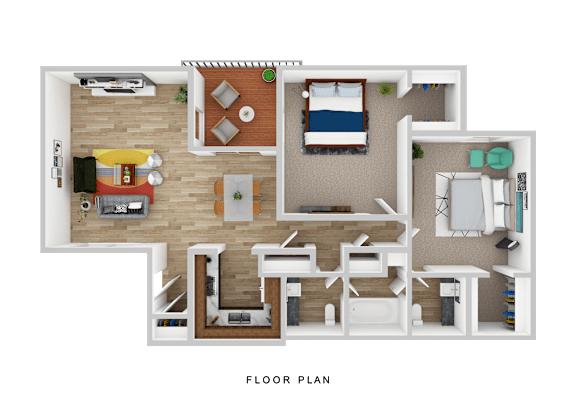 A floor plan of a house with a living room, kitchen, and two bedrooms.