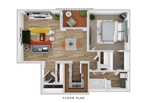 A floor plan of a house with a living room, kitchen, dining area, and bathroom.