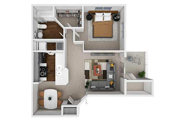 A 3D floor plan of a small apartment with a kitchen, living room, and bathroom.