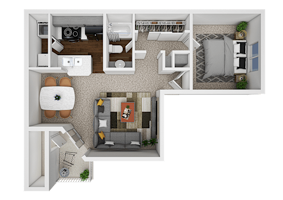 A top-down view of a small apartment layout with a kitchen, living room, and bedroom.