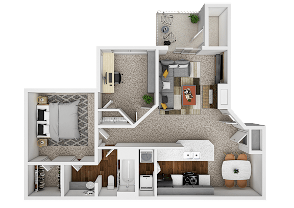A 3D floor plan of a house with multiple rooms and furniture.
