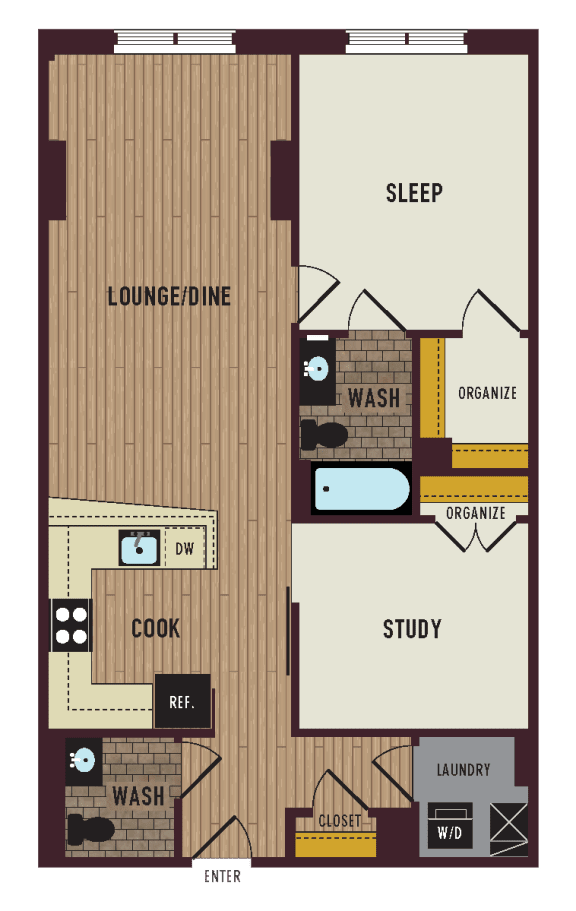 a floor plan of a bedroom apartment with a living room and a kitchen