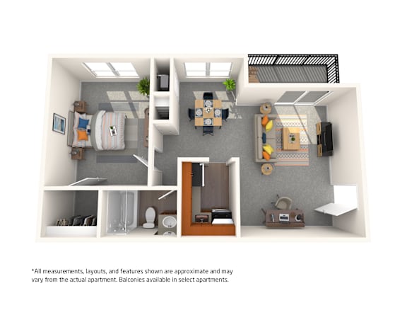 Apartment layout with a kitchen, living room, and bathroom.