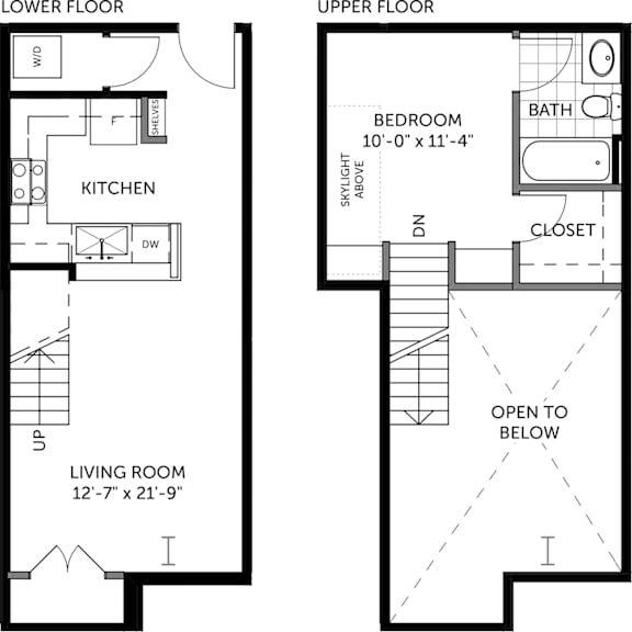 A floor plan shows a living room, a kitchen, a bedroom, a bathroom, and a closet on the upper floor.