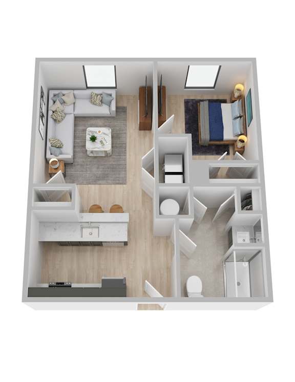 A top down view of a small apartment with a kitchen, living room, and bedroom.