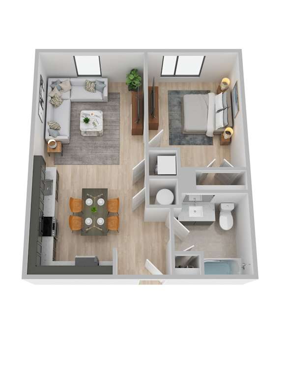 A top-down view of a modern apartment layout with a kitchen, living room, dining area, and bathroom.