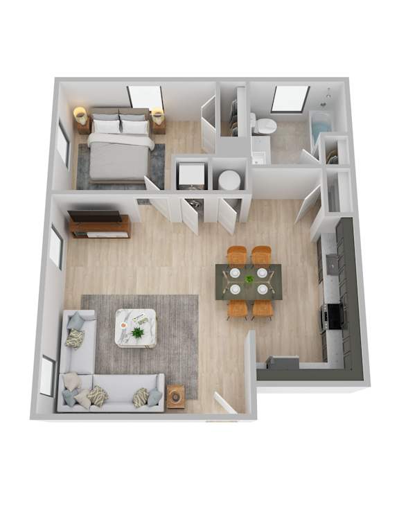 A top-down view of a modern living room with a dining area and kitchen.