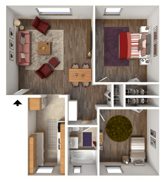 a 3d rendering of a bedroom with a living room and a bathroom
