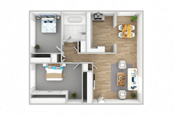 A top-down view of a small apartment with a kitchen, living room, and bedroom.
