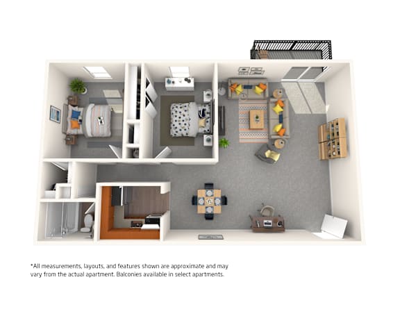 A 3D floor plan of an apartment showing a kitchen, living room, and two bedrooms.