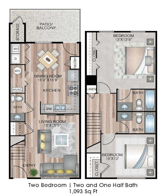 A floor plan of a two bedroom apartment with one and a half bath.