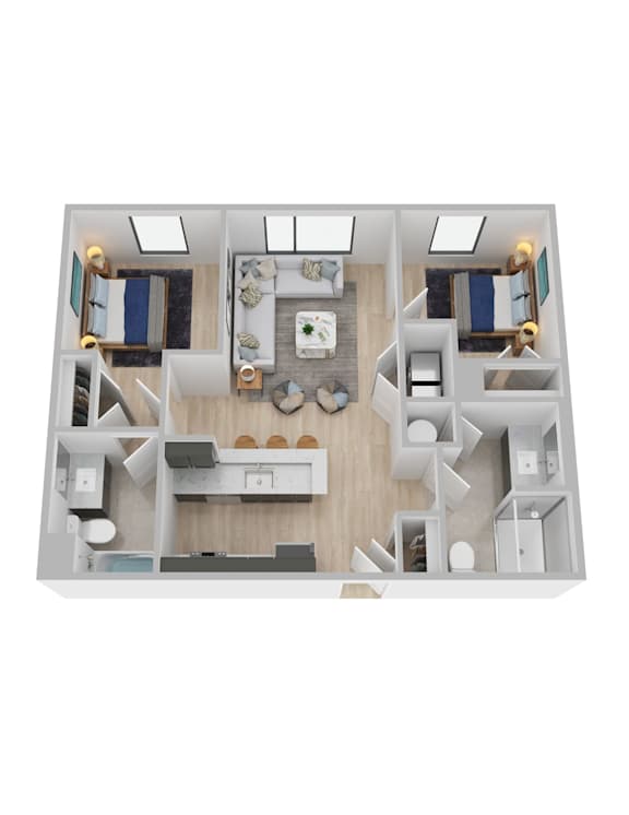 A top-down view of a small apartment with a kitchen, living room, and bedroom.