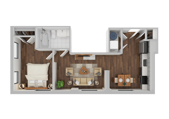 A 3D rendered image of a modern apartment layout.