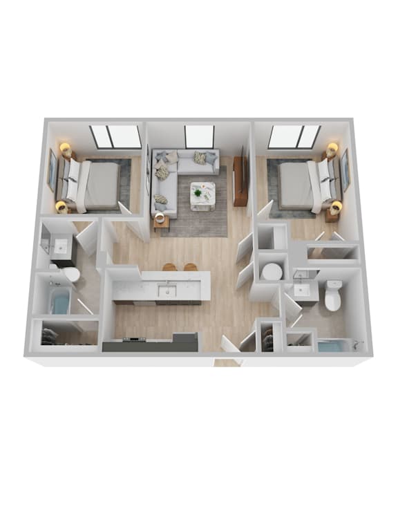 A top-down view of a house layout with a living room, kitchen, and two bedrooms.