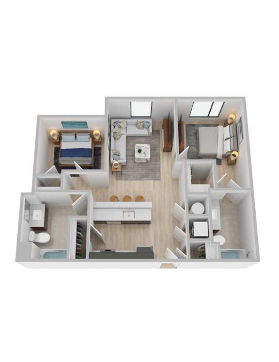 A 3D floor plan of a house with a kitchen, living room, and bathroom.