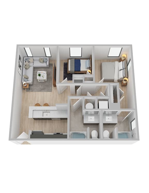 A top-down view of a modern apartment layout with a kitchen, living room, and bedrooms.