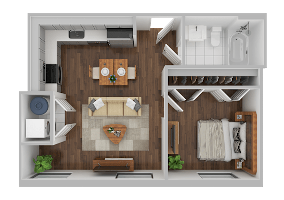 A top-down view of a well-organized apartment with a living room, kitchen, and bathroom.