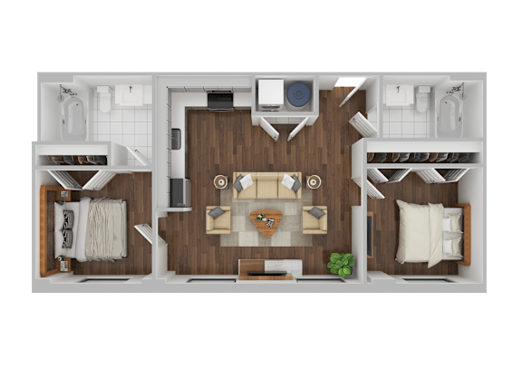 A top-down view of a small apartment with a kitchen, living room, and bedroom.