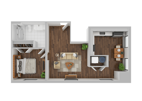 A 3D rendered image of a modern apartment layout.
