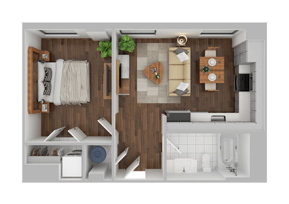 A top-down view of a small, neatly organized apartment with a kitchen, living room, and bathroom.