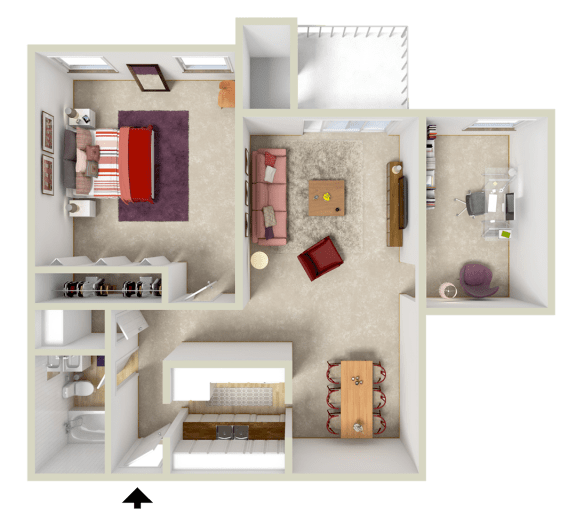 a rendering of a bedroom floor plan with a bathroom and a living room